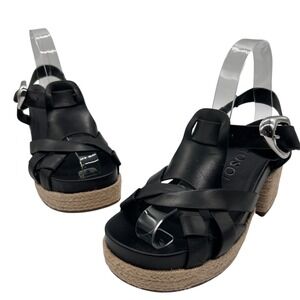 Aerosoles Espadrille‎ Sandals Womens 5 Black Leather Platform Wedge Chunky